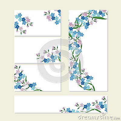 Floral summer templates with cute bunches of blue forget-me-nots on white. For romantic design, announcements Vector Illustration